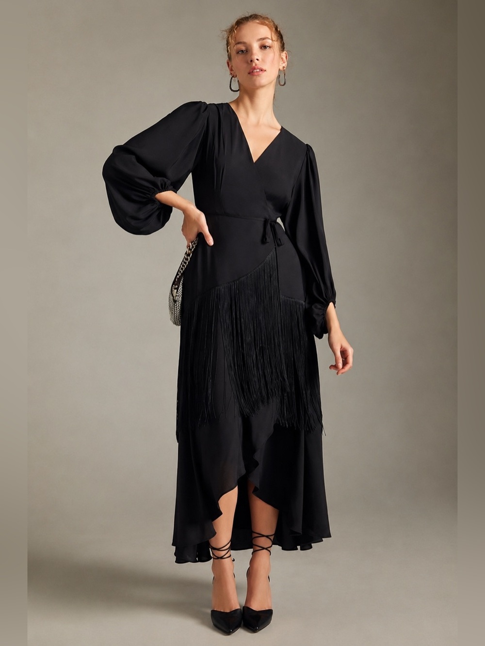 Hutch x Anthropologie Fringe Wrap Maxi Dress Black XL NWT